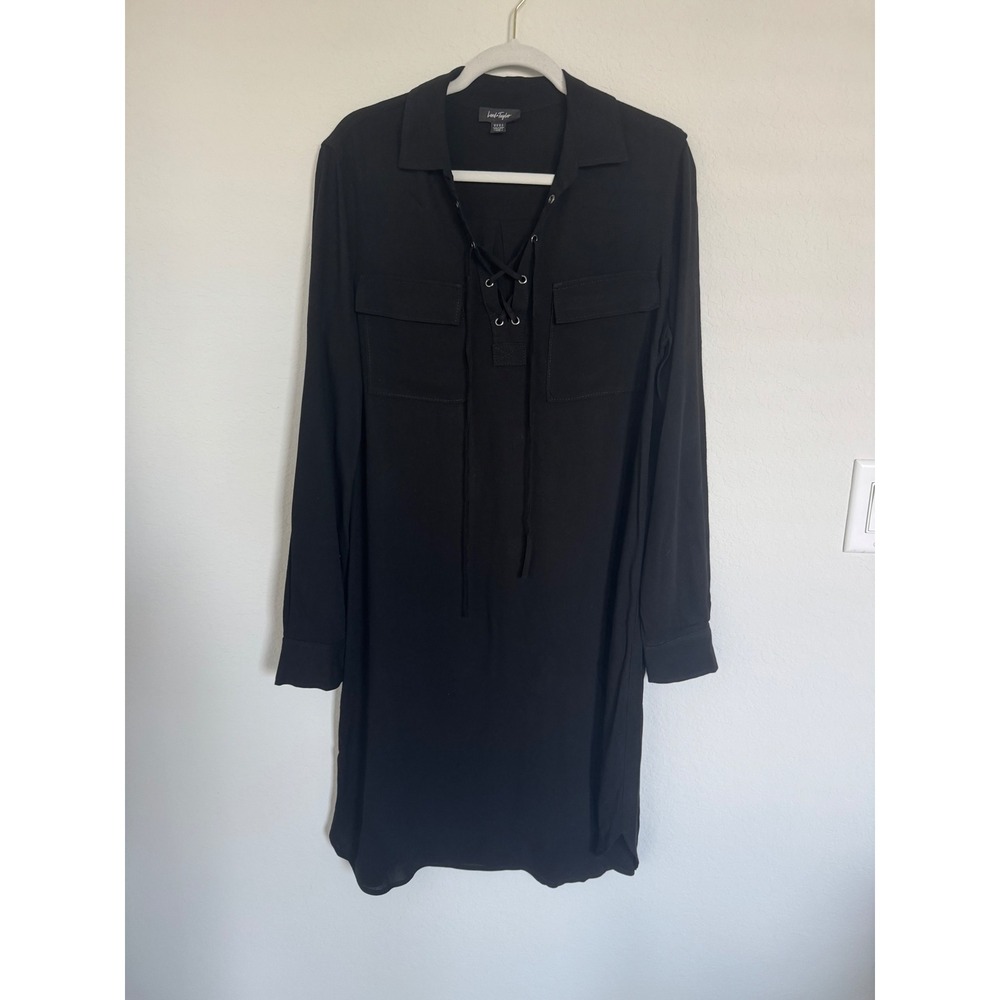 Lord & Taylor Black Lace Up Grommet Long Sleeve Viscose Shift Dress Medium-0704